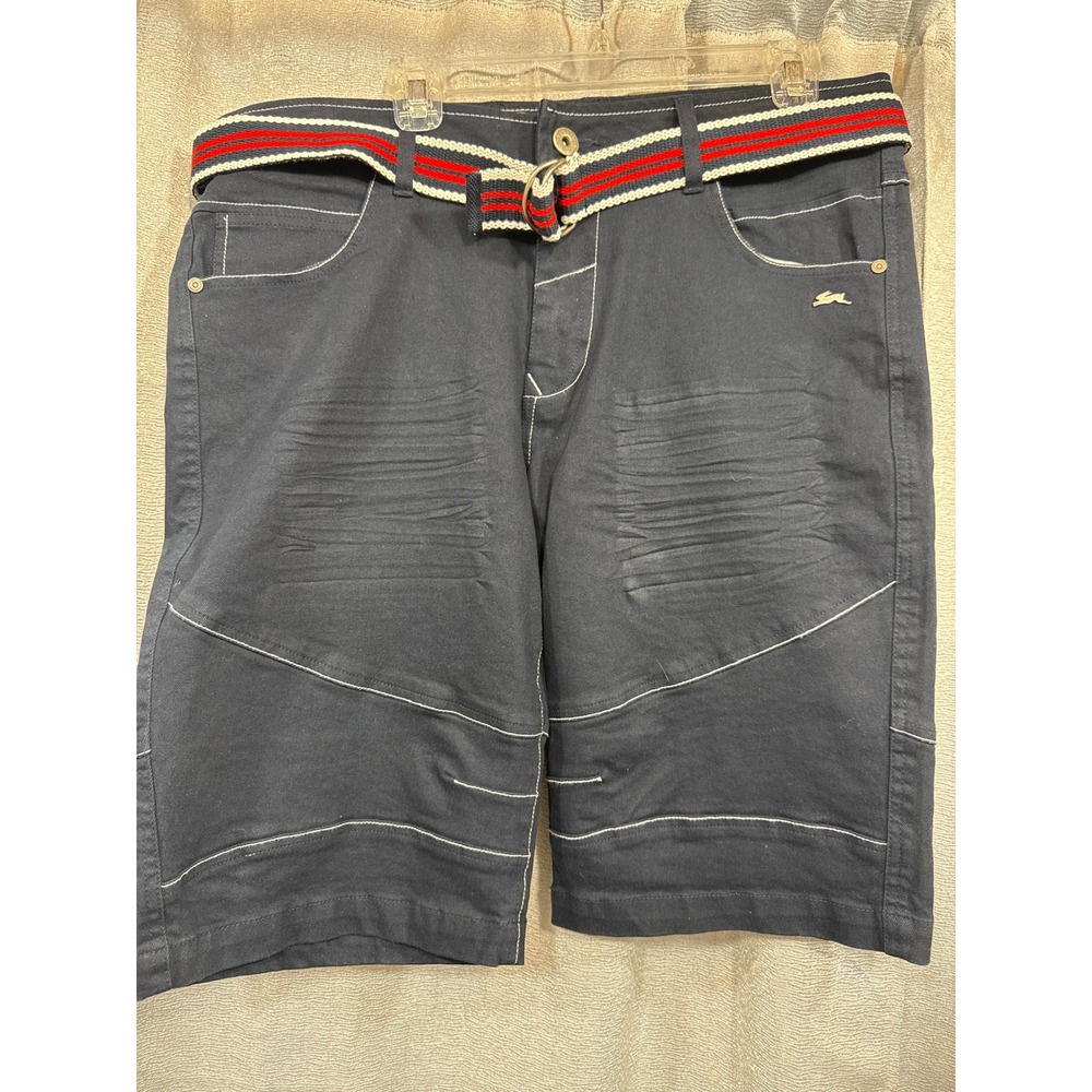 A Tiziano Mens Navy Blue Moto‎ Chino Shorts with Striped Belt Size 36 NWT